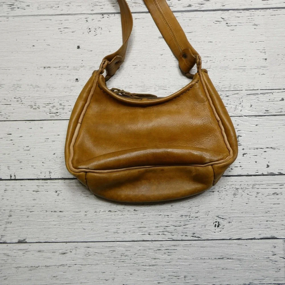 Leather‎ Shoulder Bag Womens Small Tan Hobo Purse Zip Top Raw Suede Lining Boho